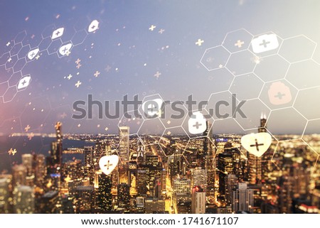 Abstract virtual medical illustration on Chicago skyline background. Medicine and healthcare concept. Multiexposure
