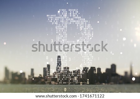 Double exposure of creative Bitcoin symbol hologram on San Francisco city skyscrapers background. Cryptocurrency concept