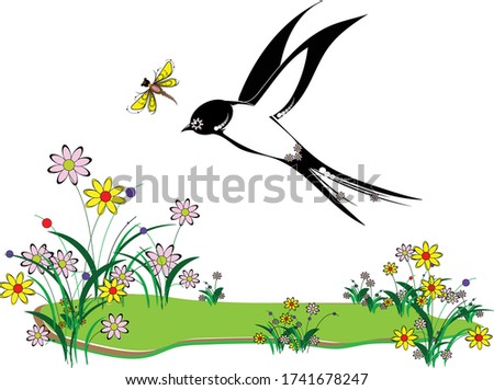 A beautiful graceful swallow fly behind a yellow dragonfly over a flower meadow. Vector illustration for various types of decor.