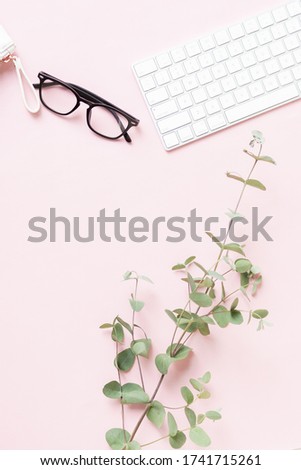 Feminine Styled Stock Photo Flatlay with Keyboard, Planner, Pens, Glasses & Pink Background 