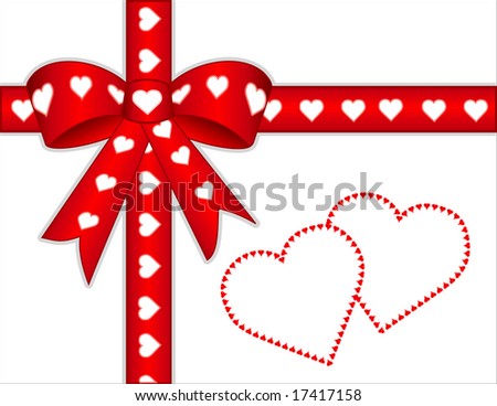 Gift Box, Red Satin Ribbon & bow with white hearts, copy space in two entwined hearts made of tiny red hearts for Valentine's Day, birthdays, holidays and celebrations.