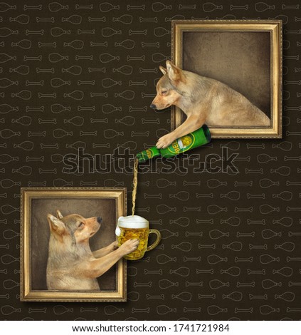 The beige dog is leaning out of the picture and pouring beer for his friend at an art gallery.