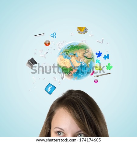 Half of face of businesswoman with business items above head. Elements of this image are furnished by NASA