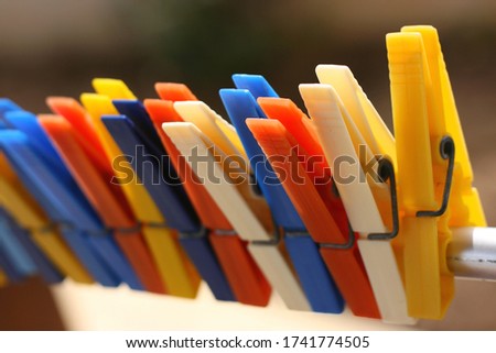 Colorfull clothespins in line in the garden