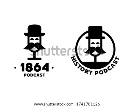 Historic podcast. Microphone for podcast logo template. 
Gentleman in a hat with a mustache