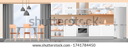 Modern white kitchen and dining room interior. Vector flat cartoon illustration. Contemporary home background. House furniture design elements