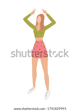 Woman in casual cloth isolated student girl. Vector female character in summer apparel, skirt and shirt. Fashion model, vogue lady in everyday outfit cartoon flat style illustration