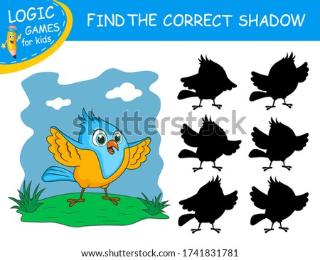 Find the correct shadow the Bird. Cute cartoon parrot on colorful background. Educational matching game with fun character. Logic Games for Kids. Learnig card for child kindergarten or school.