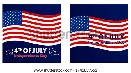 Independence day celebration banners set. 4th of july felicitation greeting cards with waving american national flag on blue background. USA country federal patriotic holiday. Vector illustration