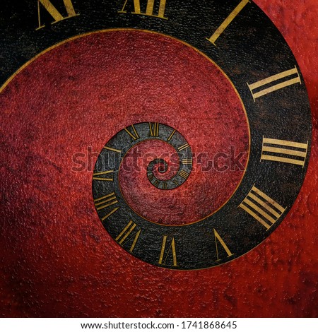 Vintage ancient antiques concept Recursive Watch Droste twisted to surreal spiral. Abstract spiral fractal. Watches clock abstract texture pattern background Stylish dial time spiral. Twisted clock  Royalty-Free Stock Photo #1741868645