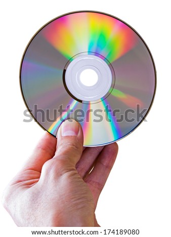 Compact disc in the left male hand isolated on white