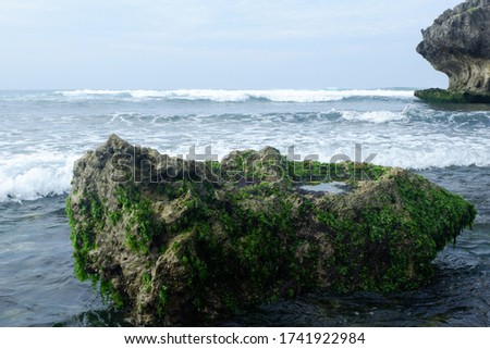 Yogyakarta, Indonesia - December 2019 : Rock in the beach and sea. Cliff in the near sea. Good combination of sea, cliff, wave, and stone.