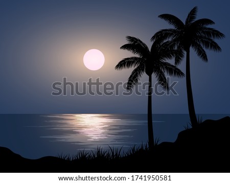 moonlight over the sea with palm silhouette Royalty-Free Stock Photo #1741950581