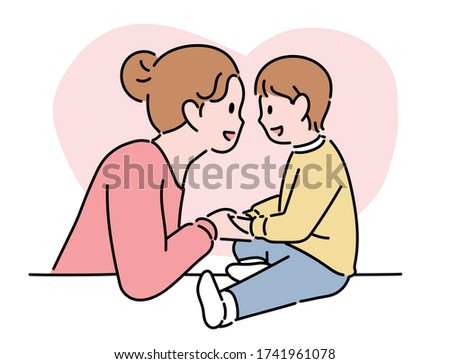 The mother is sitting with a little child holding hands and smiling. hand drawn style vector design illustrations. 