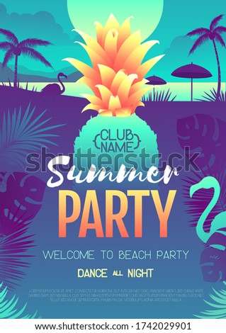 Colorful summer disco party poster with fluorescent tropic leaves, pineapple and flamingo. Summertime beach background
