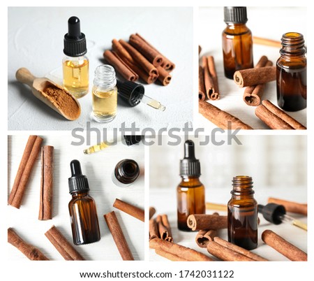 Collage of different photos with essential oils and cinnamon sticks