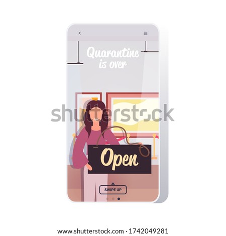 museum guide holding open sign board coronavirus quarantine is ending victory over covid-19 concept art gallery interior smartphone screen mobile app copy space vector illustration