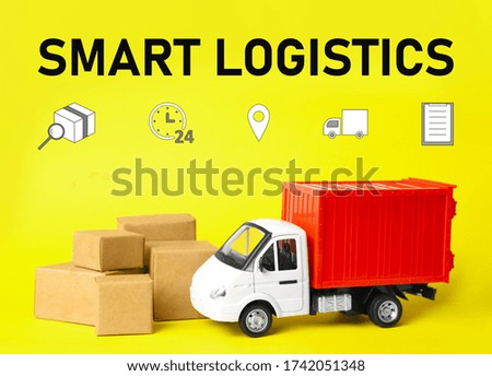 Smart logistics concept. Truck with boxes and icons on yellow background