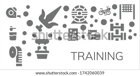 Modern Simple Set of training Vector filled Icons. Contains such as Measuring tape, Martial arts, Powder, Planning, Trampoline and more Fully Editable and Pixel Perfect icons.