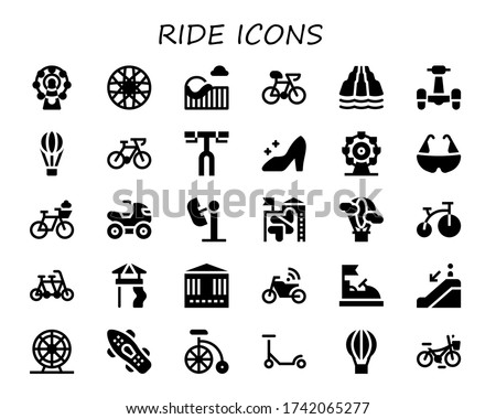 ride icon set. 30 filled ride icons.  Simple modern icons such as: Ferris wheel, Spoke wheel, Roller coaster, Bike, Slide, Scooter, Hot air balloon, Bicycle, Handlebar, Cinderella