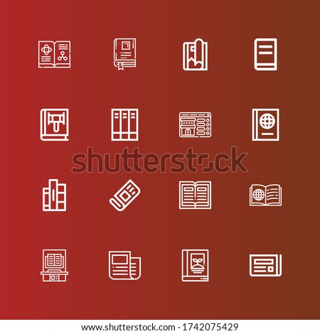 Editable 16 publication icons for web and mobile. Set of publication included icons line Newspaper, Book, News, Books, Booking, Magazine on red