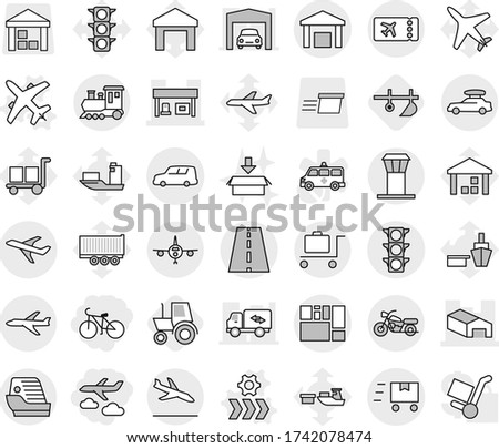 Editable thin line isolated vector icon set - journey, bike, warehouse, gas station, road, plane, traffic light, car shipping, consolidated cargo, fast deliver, train, baggage, motorcycle, ticket