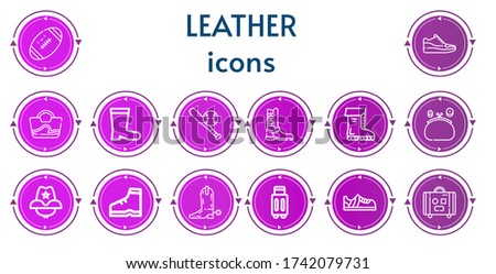 Editable 14 leather icons for web and mobile. Set of leather included icons line Football, Sneakers, Bag, Boots, Baseball, Boot, Purse, Cowboy hat, Suitcase