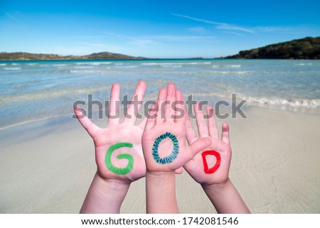 Children Hands Building Word God, Ocean Background