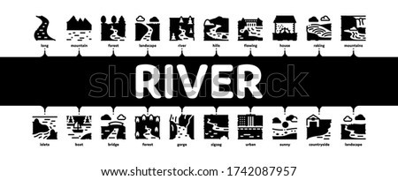 River Landscape Minimal Infographic Web Banner Vector. River With Mountain And Forest, Bridge And City Buildings, Water Mill And Field Illustration