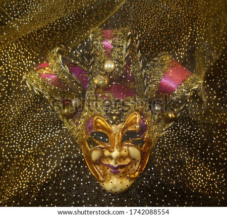 Venetian carnival mask behind the golden sparkling curtain