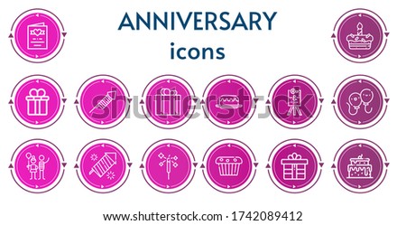 Editable 14 anniversary icons for web and mobile. Set of anniversary included icons line Wedding invitation, Cake, Gift box, Fireworks, Gift, Wedding sign, Balloons, Balloon