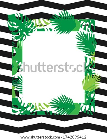 Summer tropical concept, tropical paradise with palm leaves, vector illustration.Tropical leaves on a black and white striped background.Suitable for a daily or postcard page.