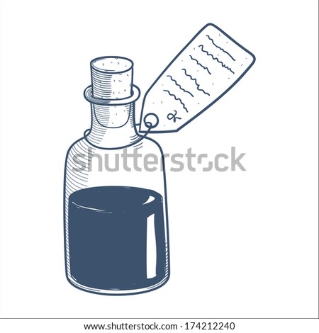 Bottle with liquid mixture isolated on white. Sketch element for medical or health care design