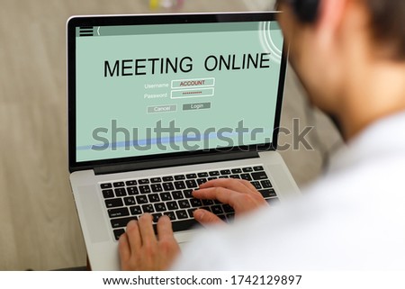 online meeting on laptop screen, team work using a Laptop Computer with Webinar E-business Browsing Connection and cloud online technology webcast concept, business concept