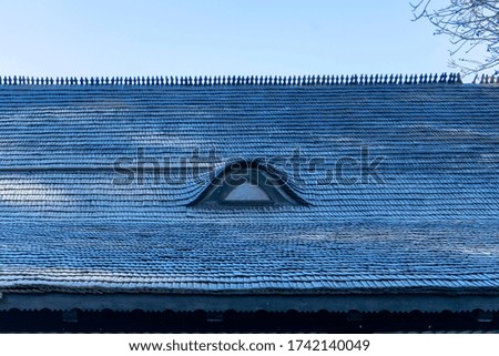 Roof frozen texture and small eye-like window in Romania on a winter day.