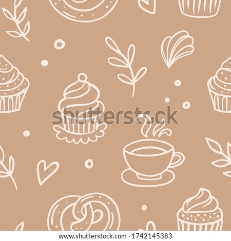 Pastry, sweet bakery seamless pattern with baked goods. Confectionery baking design. Hand drawn ice cream, cakes and coffee doodles background for wrapping paper, cafeteria and shop wallpapers