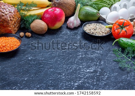 Conceptual image of healthy food balance with vegetables and fruits. Nutrition and diet picture with copyspace