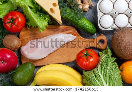 Conceptual image of a healthy food balance with vegetables fruits and meat nutrition and diet picture with copyspace