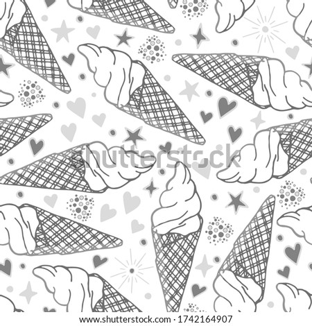 Hand drawn seamless pattern of ice cream horn, waffle cone, star, heart on a white background. Summer sweet bright Illustration for greeting card, invitation, wallpaper, wrapping paper, packaging