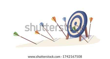 Multiple arrow missed hitting target mark isolated on white background. Fail archery goal inaccurate to purpose vector illustration. Concept of business failure, mistake strategy and loss opportunity Royalty-Free Stock Photo #1742167508