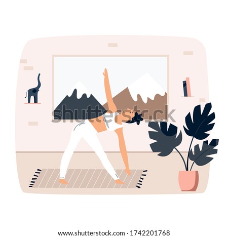 Young pretty girl doing yoga at home. Vector illustration in a flat style