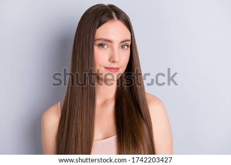 Closeup photo of attractive cute perfect appearance model lady demonstrating ideal neat long healthy hairstyle after salon wear beige singlet isolated grey color background