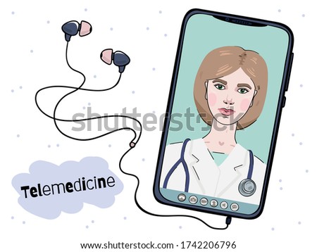 A female doctor is conducting an online counseling session. Telemedicine on a mobile phone screen. Color image isolated on a white background.