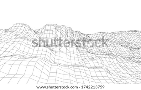 Abstract 3d wire-frame landscape. Blueprint style. Vector rendering from 3D model. Geology Terrain