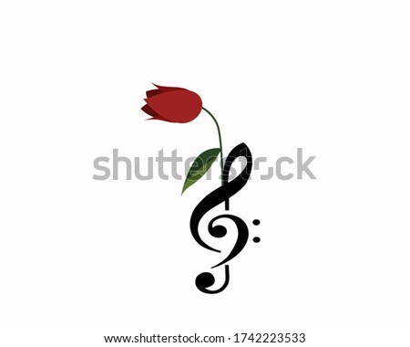 g clef and f clef music note black logo with rose flower design isolated on white. icon vector illustration.