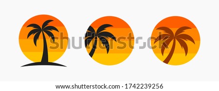 Palm tree and sunset sun symbols. Vector illustration.
