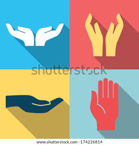 Flat design icon set of hands in many and different gesture. Vector illustration. 