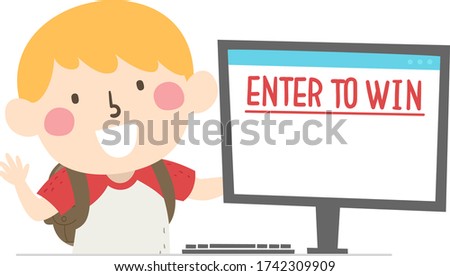 Illustration of a Kid Boy Student Showing a Computer Monitor with Enter to Win Contest