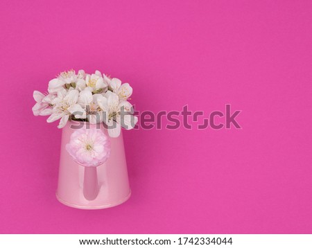 A bouquet of flowering spring twigs in a watering can on a pink background.