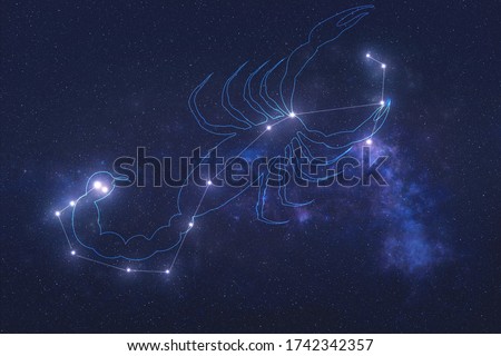 Scorpio Constellation stars in outer space with shape of a scorpio in lines. Zodiac Sign Scorpio constellation lines. Elements of this image were furnished by NASA Royalty-Free Stock Photo #1742342357